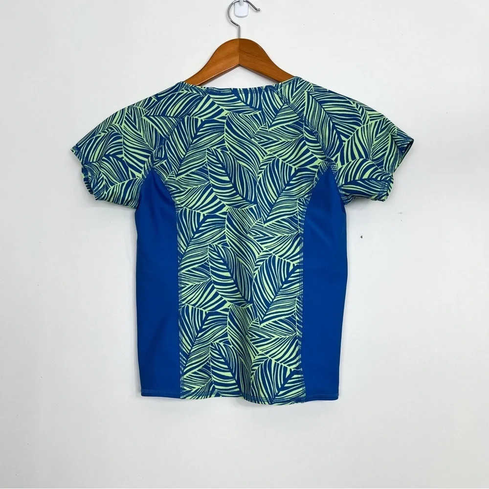 L.L.Bean Girls 14 Swim Top UPF 50+ Short Sleeves Crew Neck‎ Tropical Leaf Print